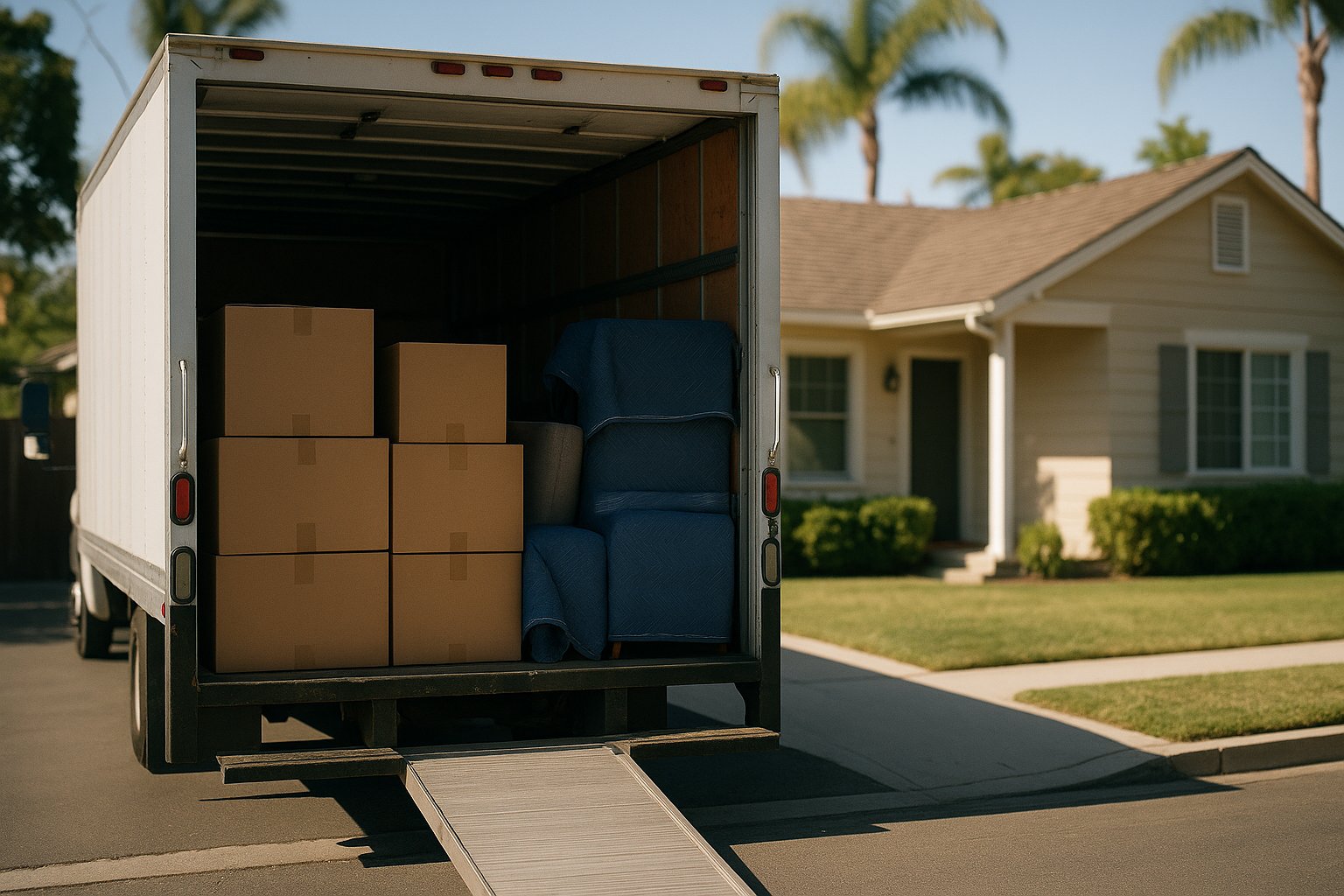 SafeRoute movers carrying a sofa from the truck in front of a home