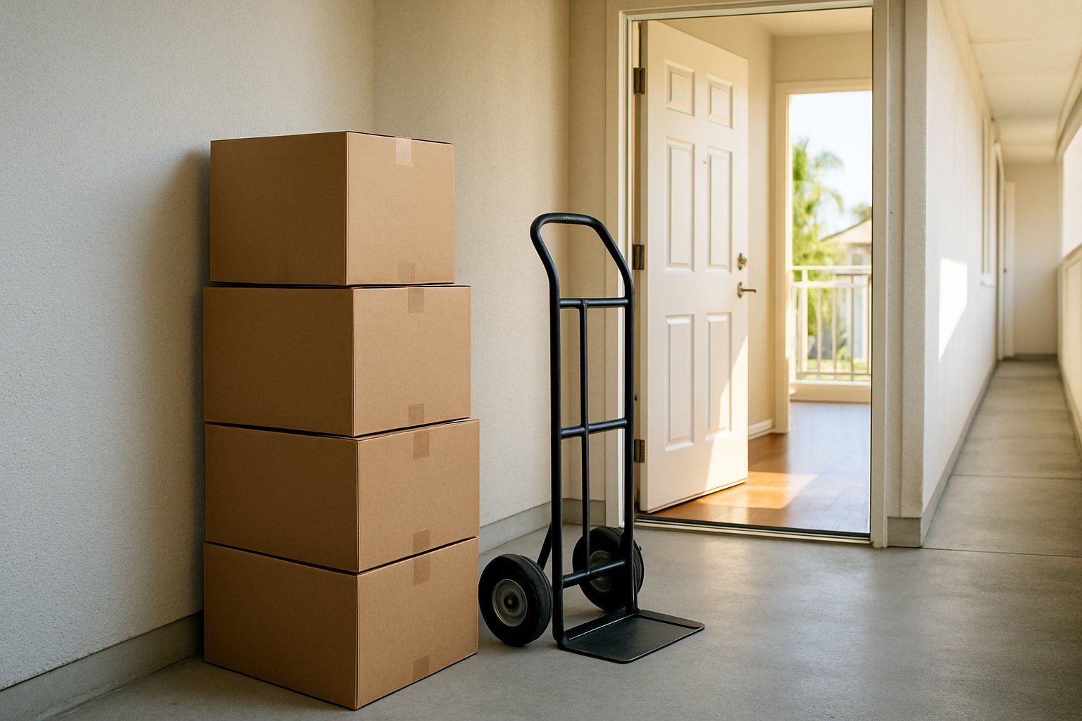 Mover carrying boxes down apartment stairs