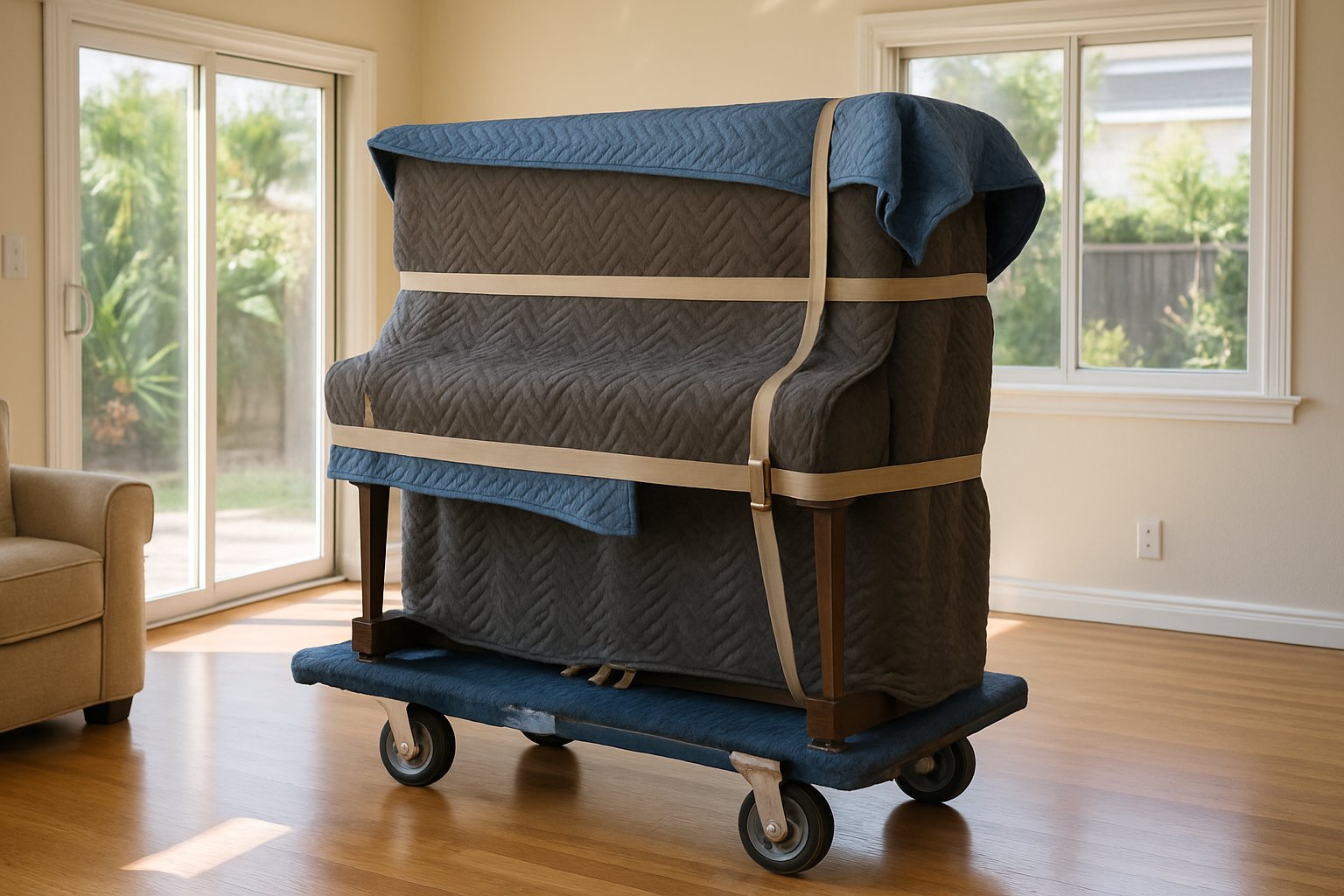 Movers moving a piano with straps and a dolly